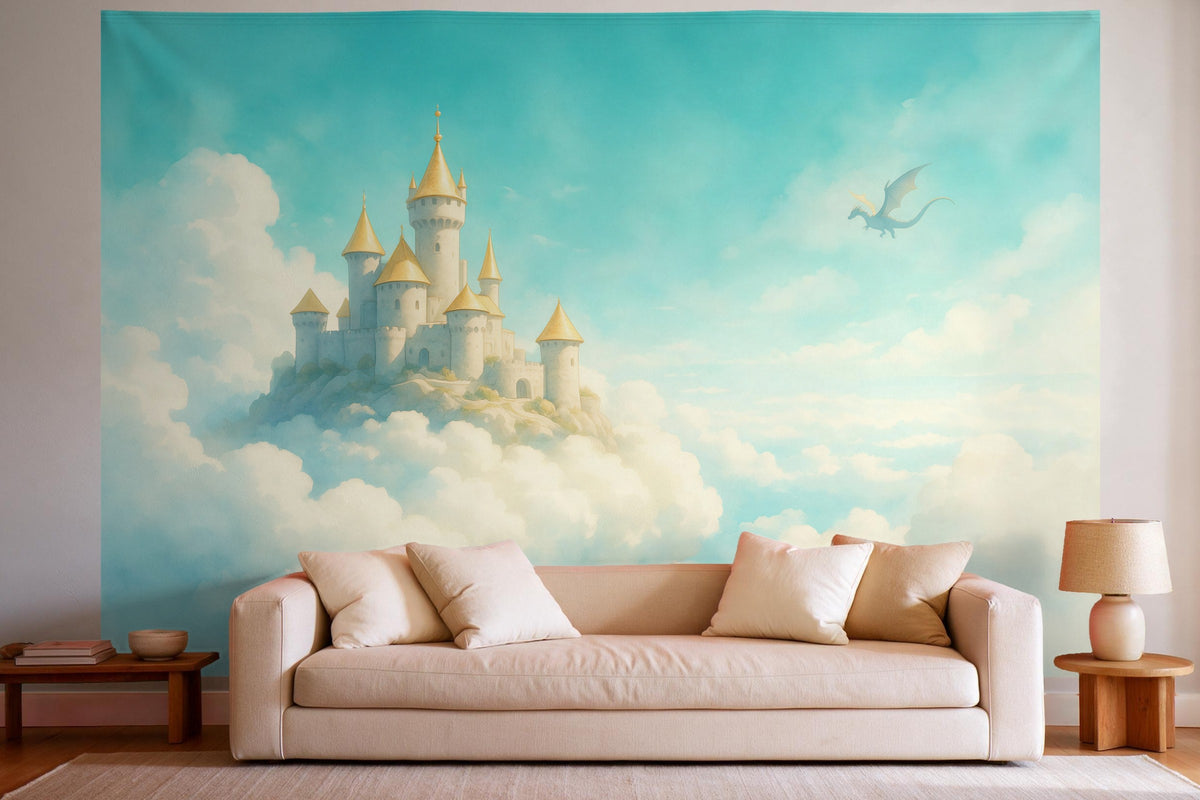 Decoración de pared en un salón luminoso sobre el sofá: tapiz de tela Castillo en las nubes al mediodía