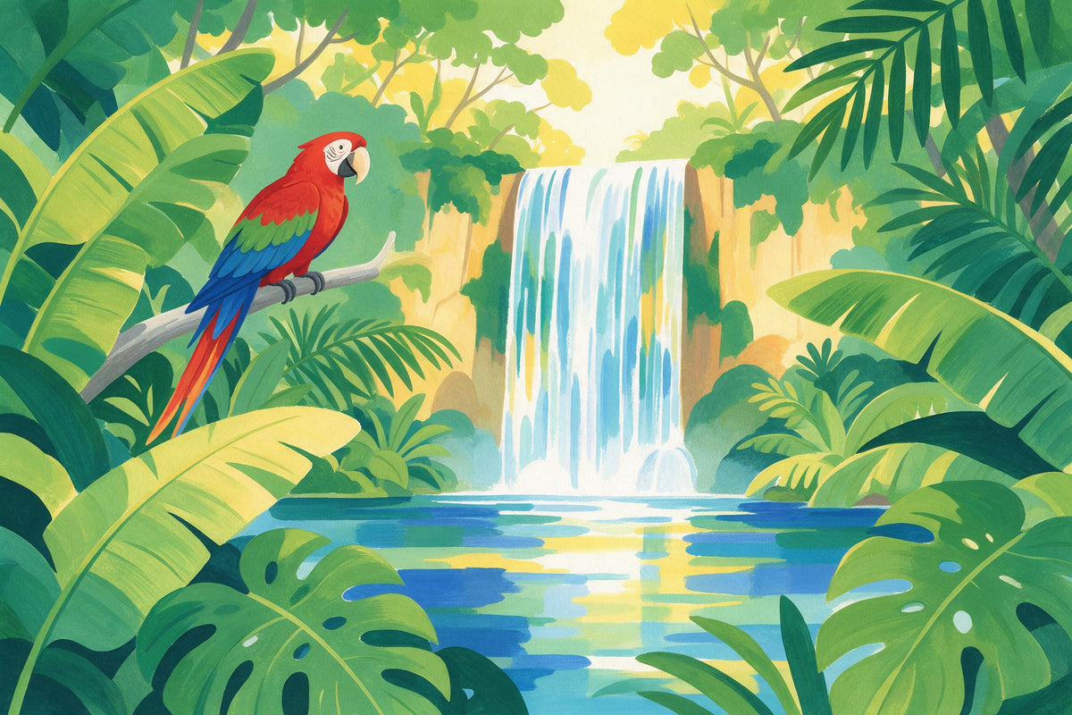 Dschungel: roter Ara auf einem Ast vor dem Wasserfall mit Monstera, als Wandtuch, auf Stoff gedruckt – Grün und Rot