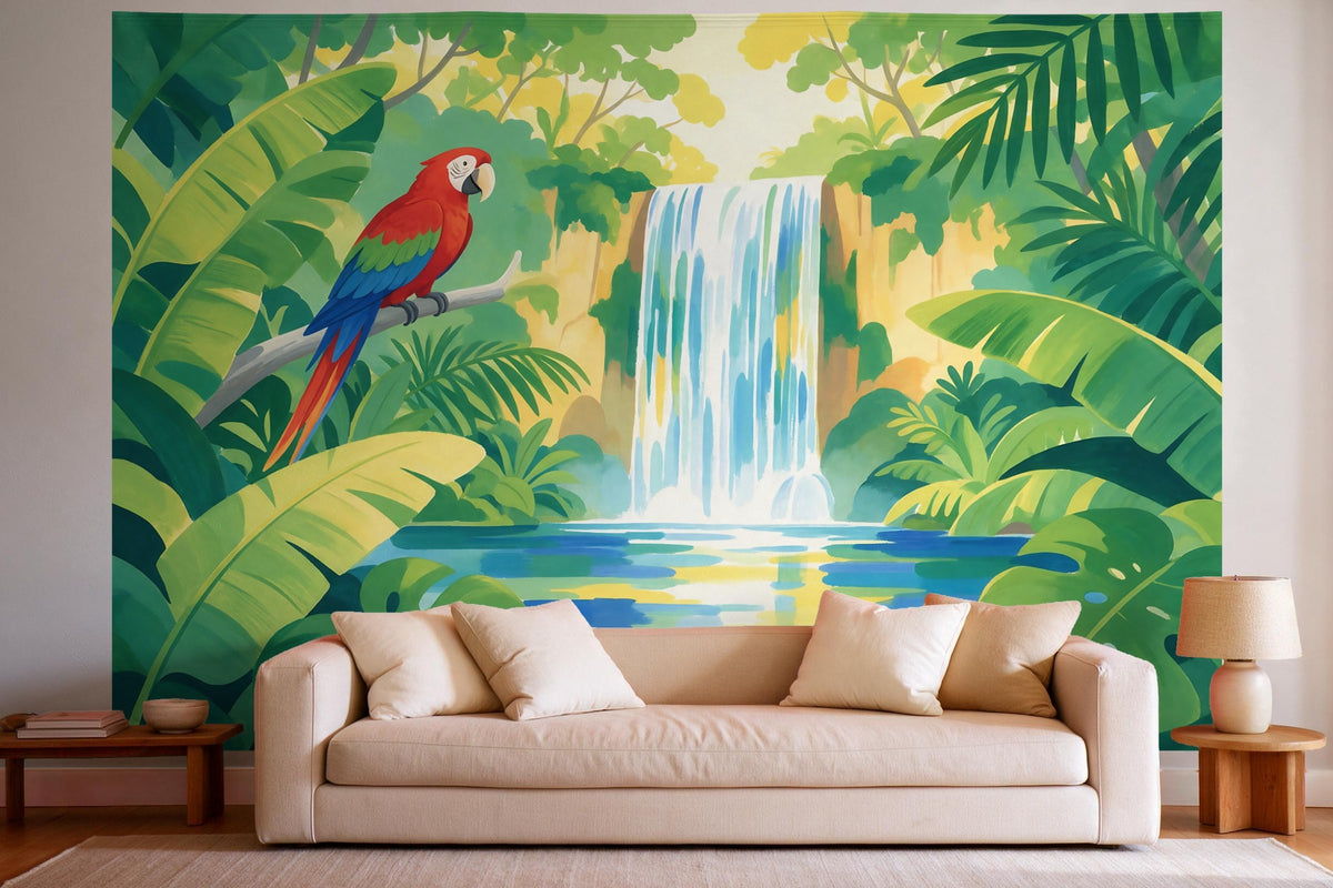 Wall decor in a bright living room above the sofa: printed fabric tapestry Jungle with Parrot in Gouache