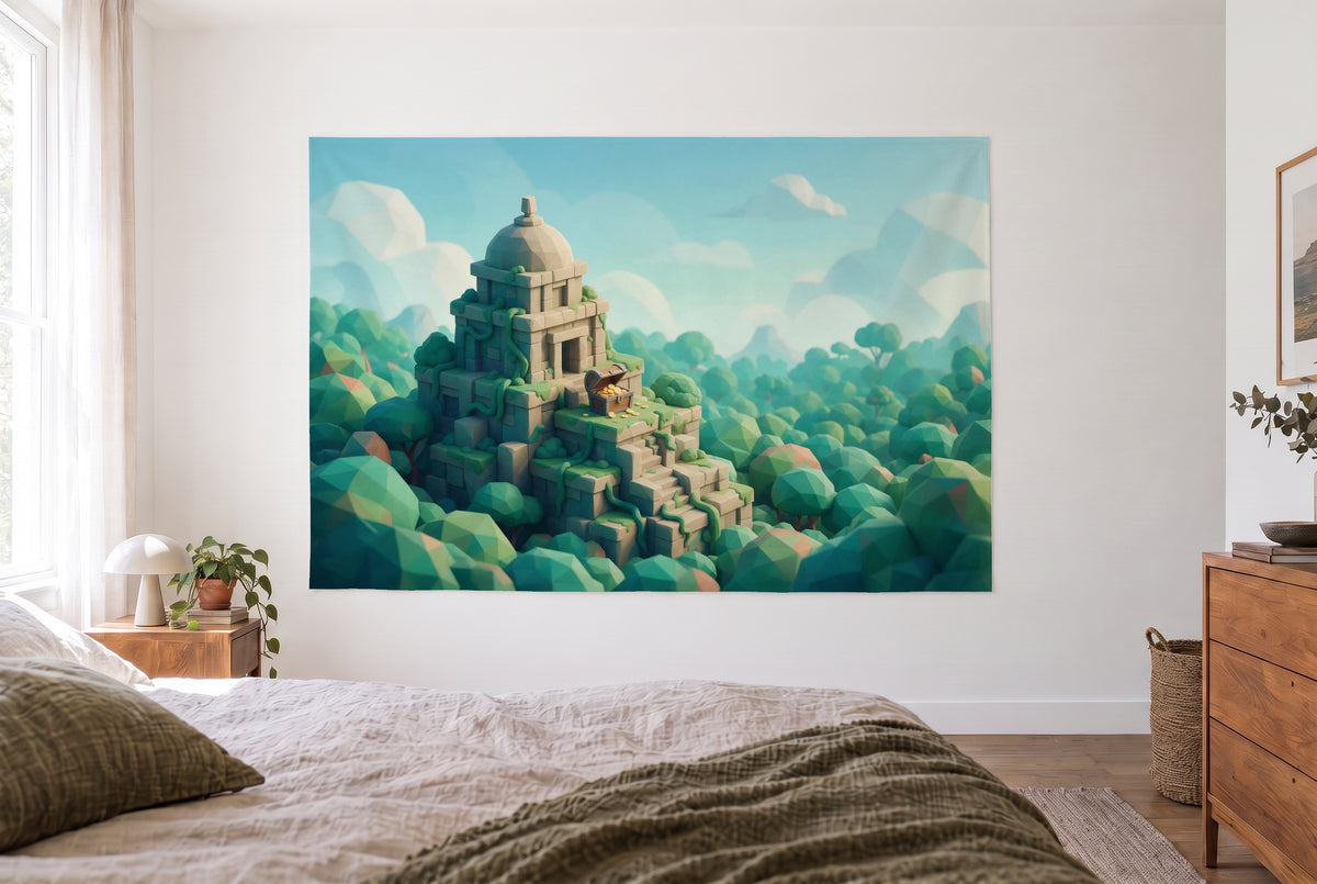 Wandtuch Dschungeltempel im Low-Poly-Stil im hellen Schlafzimmer gegenüber dem Bett, rechts eine Holzkommode – Grün und Blau