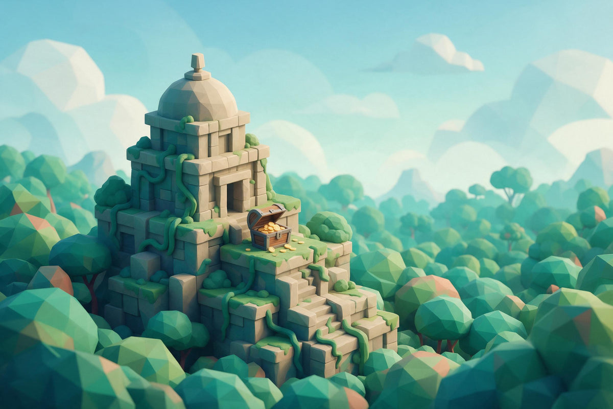 Dschungeltempel aus Low-Poly-Facetten mit offener Schatzkiste, als Wandtuch, auf Stoff gedruckt – Grün und Orange