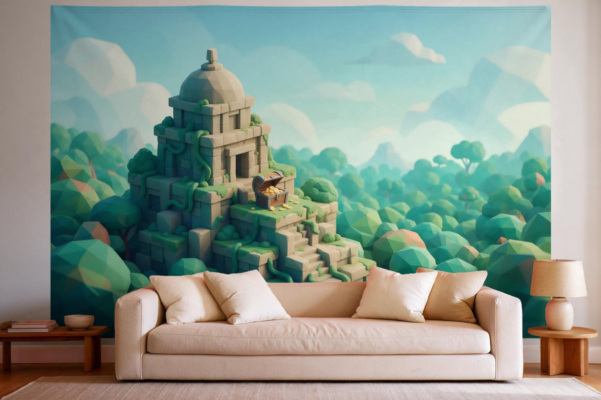 Wall decor in a bright living room above the sofa: printed fabric tapestry Jungle Temple in Low Poly Style