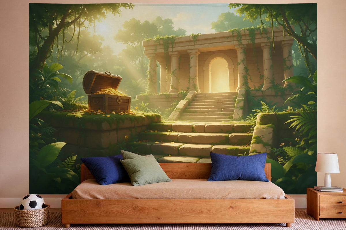XXL wall tapestry Jungle Temple with Treasure Chest as wall decor in a boys' bedroom