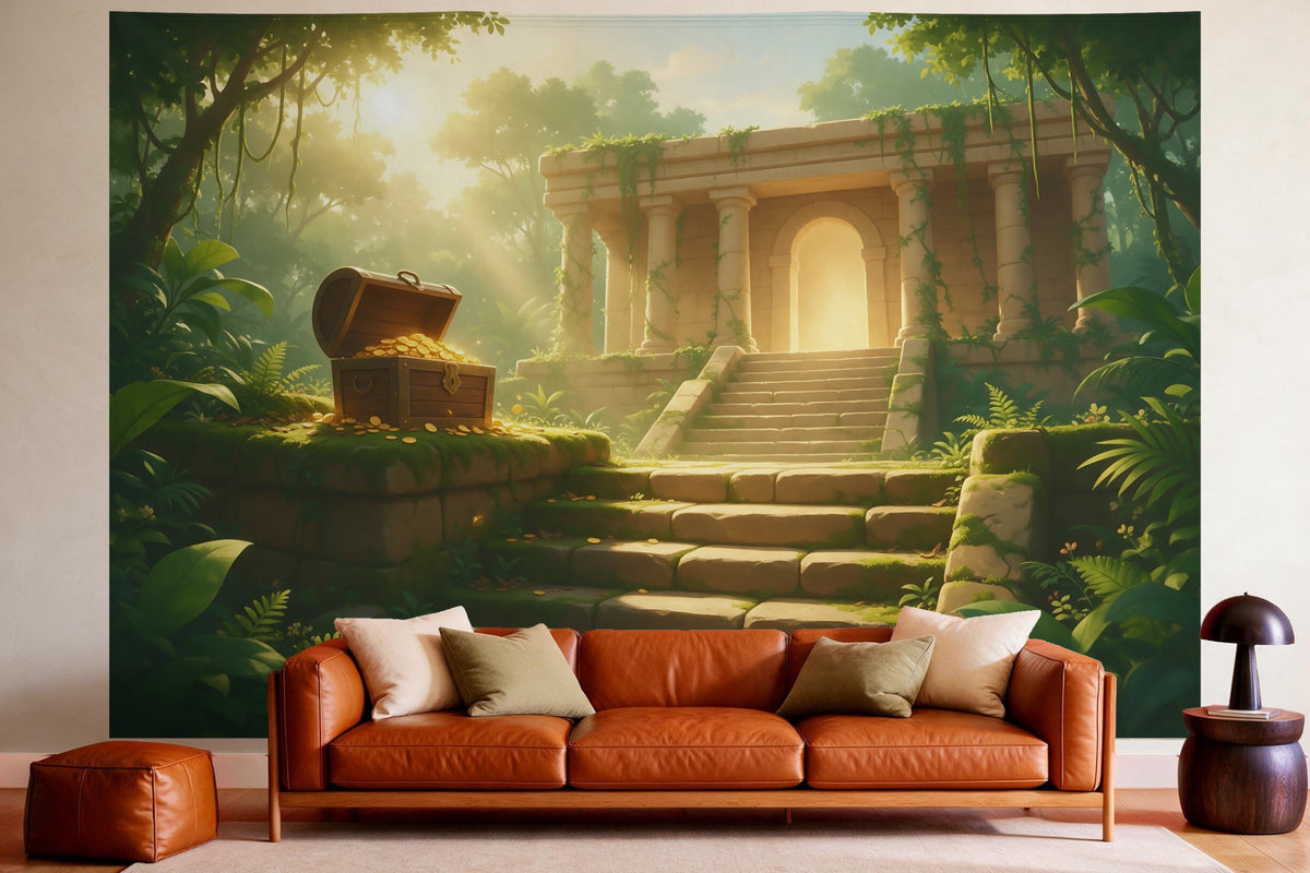 Wall decor in a cosy living room above the leather sofa: printed fabric tapestry Jungle Temple with Treasure Chest