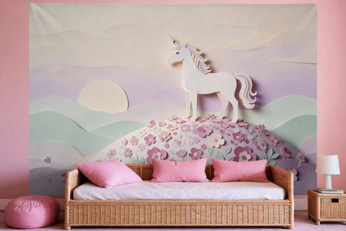 Tapiz de pared XXL Unicornio en papel recortado como decoración en un dormitorio de niña