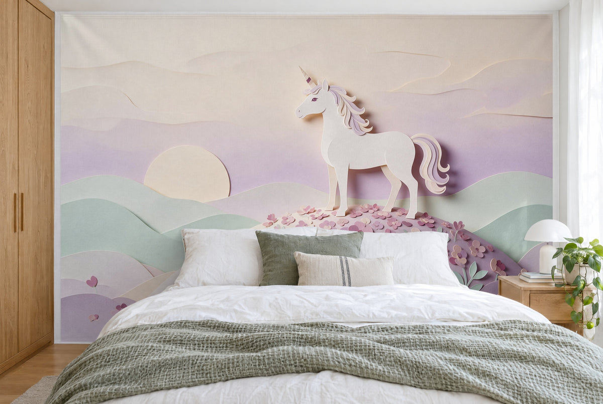 Bedruckter Stoff im XXL-Format: Einhorn rechts der Mitte auf Blumenhügel, links die Sonne, wandfüllend hinter dem Doppelbett