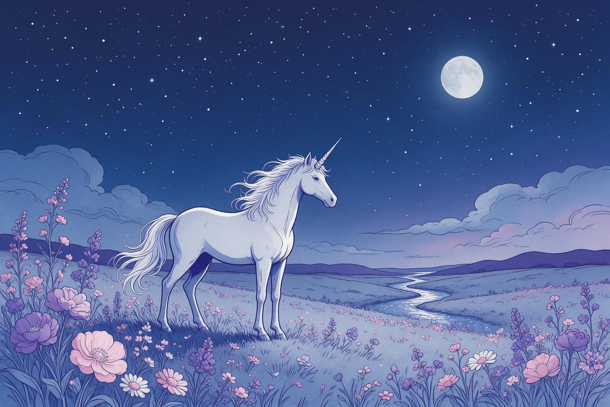 Einhorn links auf Blumenwiese unter Sternenhimmel und Mond als Wandtuch, auf Stoff gedruckt – Rosa und Blau