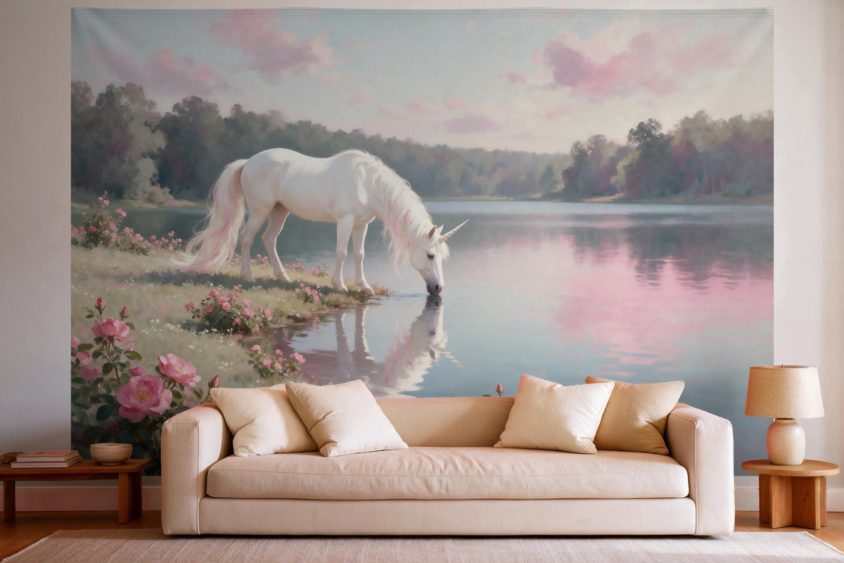 Decoración de pared en un salón luminoso sobre el sofá: tapiz de tela Unicornio en el lago del bosque al óleo