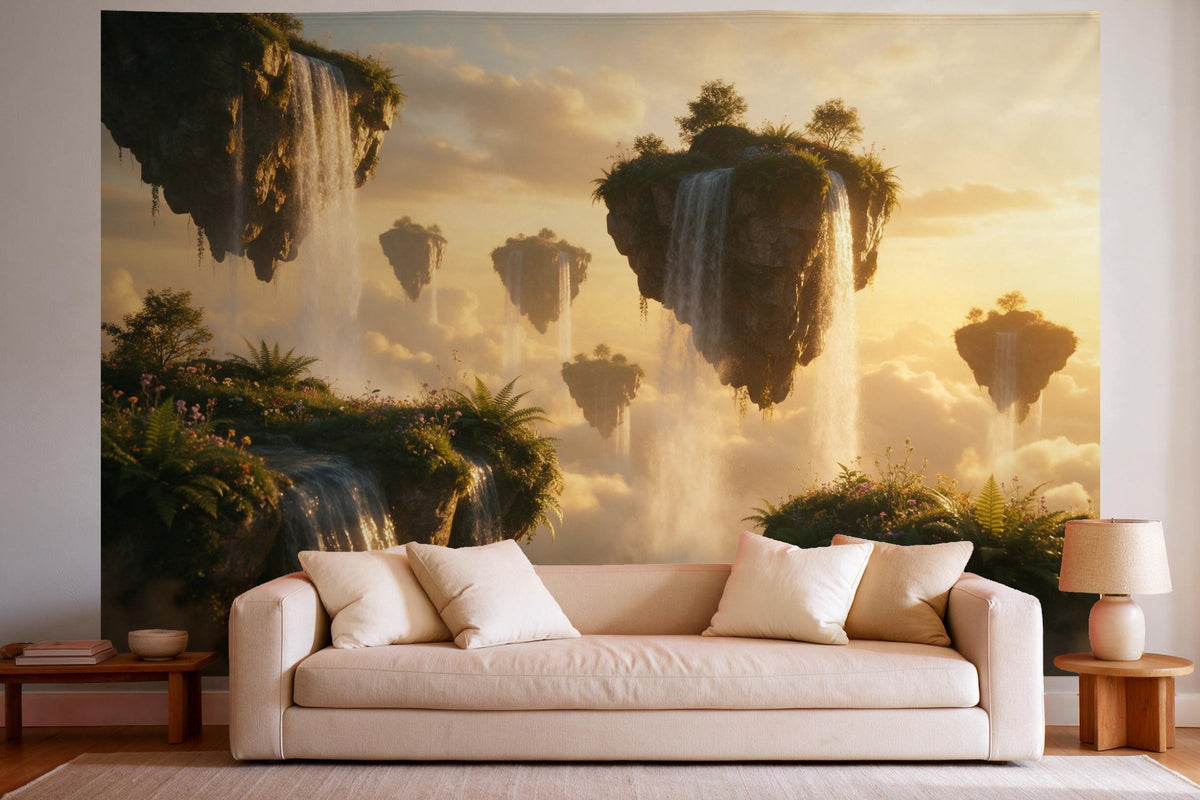 Tapiz de pared XXL Islas de fantasía con cascadas como decoración en un salón luminoso sobre el sofá