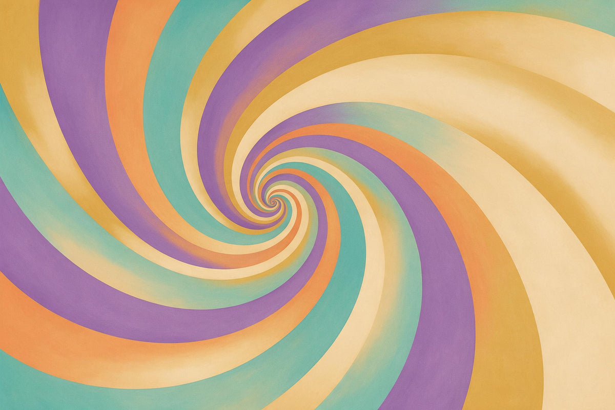Psychedelic-Spirale aus breiten Farbbändern, Zentrum links der Mitte, als Wandtuch, auf Stoff gedruckt – Violett und Türkis