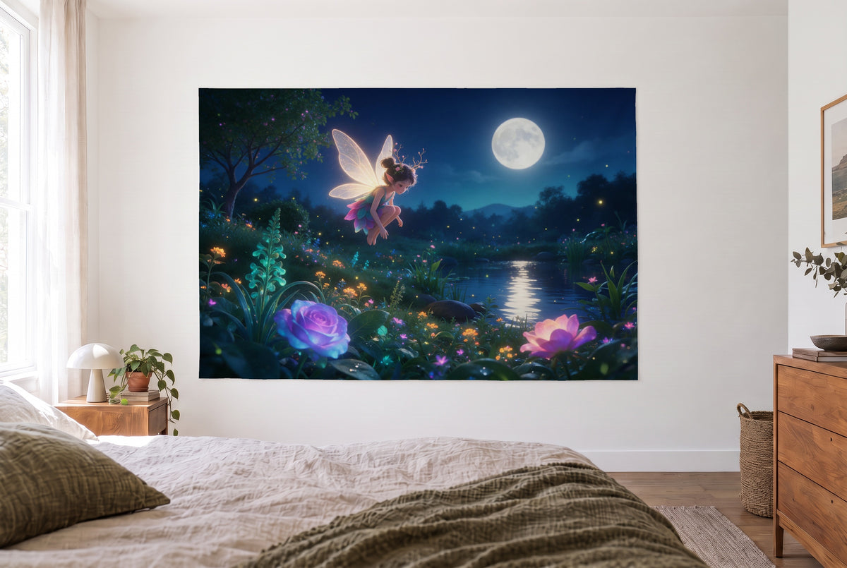 Tenture fée au jardin au clair de lune, chambre claire face au lit, commode en bois à droite – bleu nuit et violet