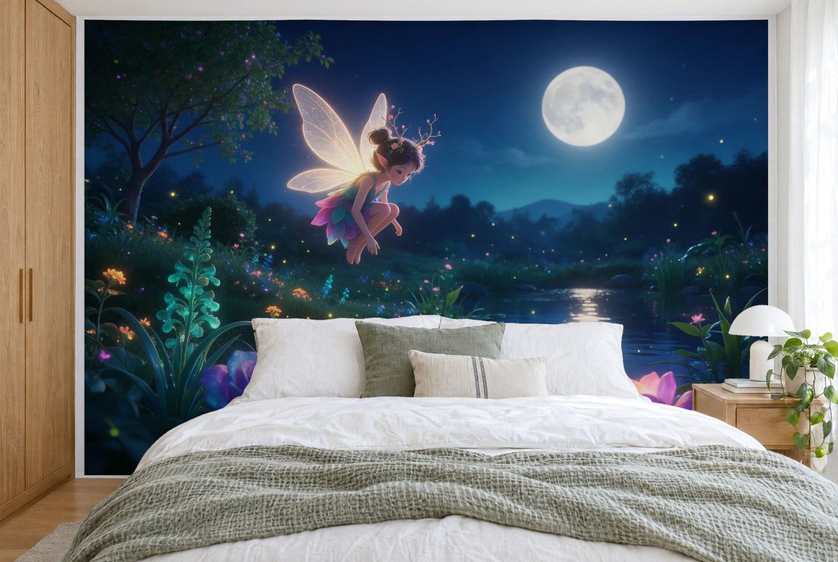 Tissu imprimé XXL : fée en haut à gauche, à droite pleine lune sur l'étang avec lucioles, mur entier derrière le lit