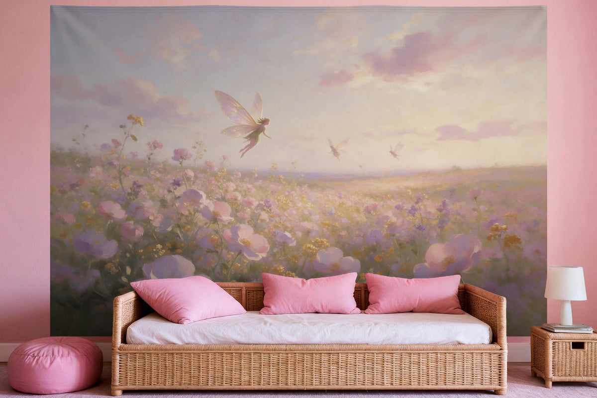 Tapiz de pared XXL Hadas sobre el prado de flores como decoración en un dormitorio de niña