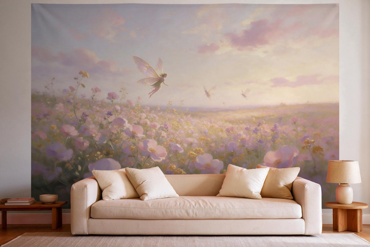 Decoración de pared en un salón luminoso sobre el sofá: tapiz de tela Hadas sobre el prado de flores