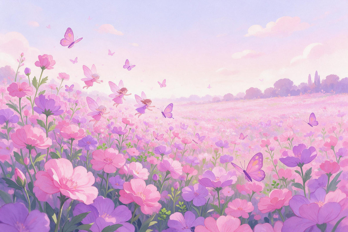 Feen über rosa Blumenwiese mit Schmetterlingen und zarten Blüten, als Wandtuch, auf Stoff gedruckt – Rosa und Violett