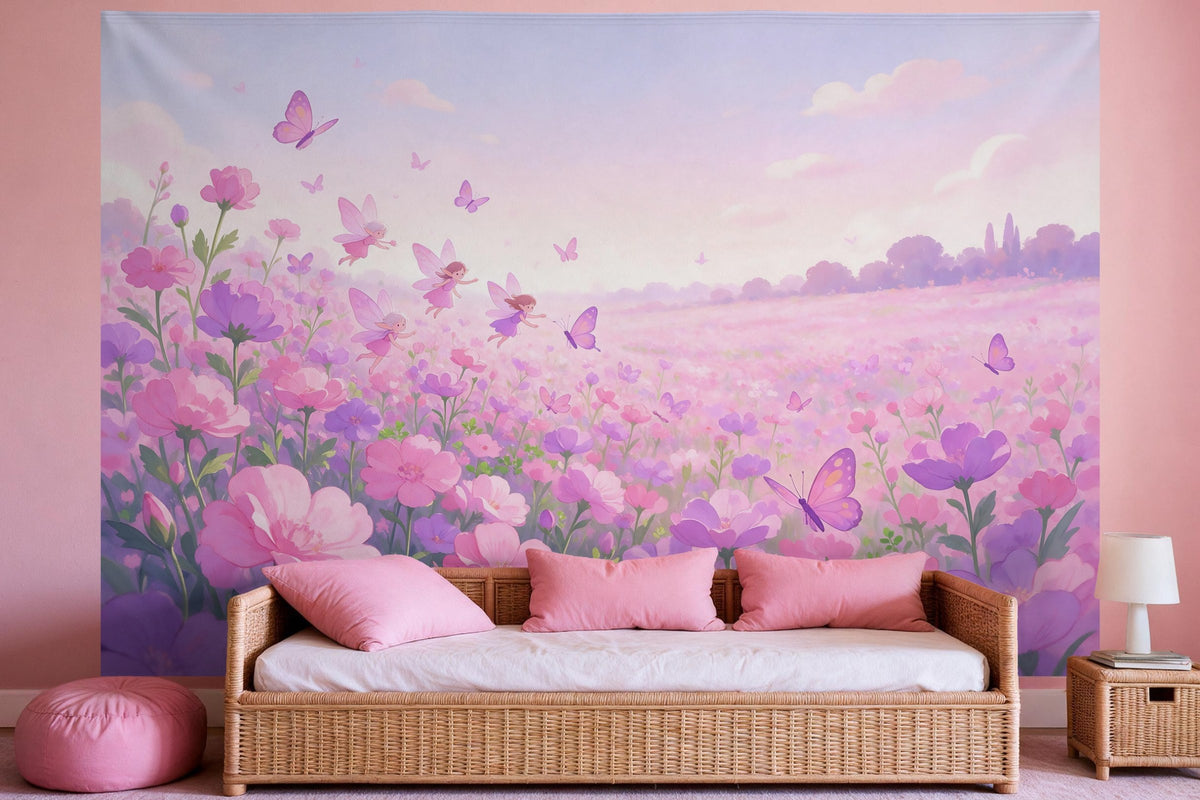 Wandtuch XXL Feen über Blumenwiese als Wanddeko im Mädchenzimmer