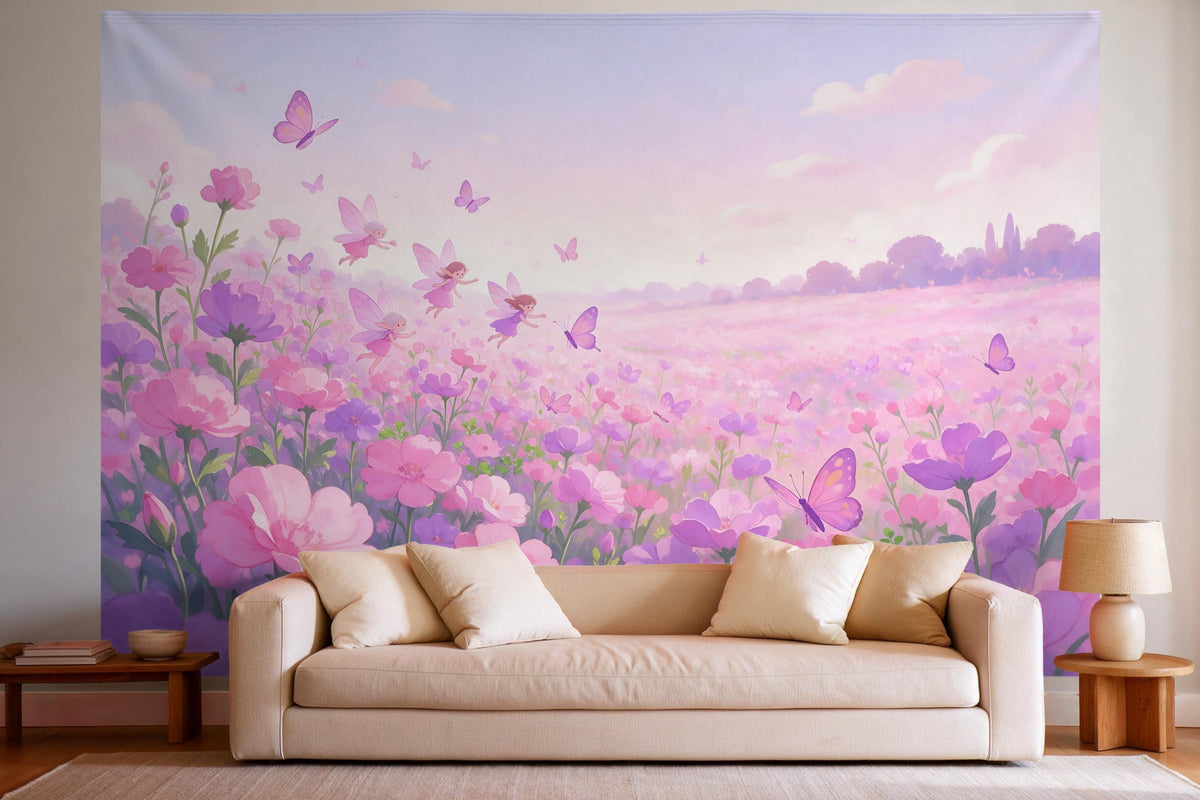 Decoración de pared en un salón luminoso sobre el sofá: tapiz de tela Hadas sobre un prado de flores