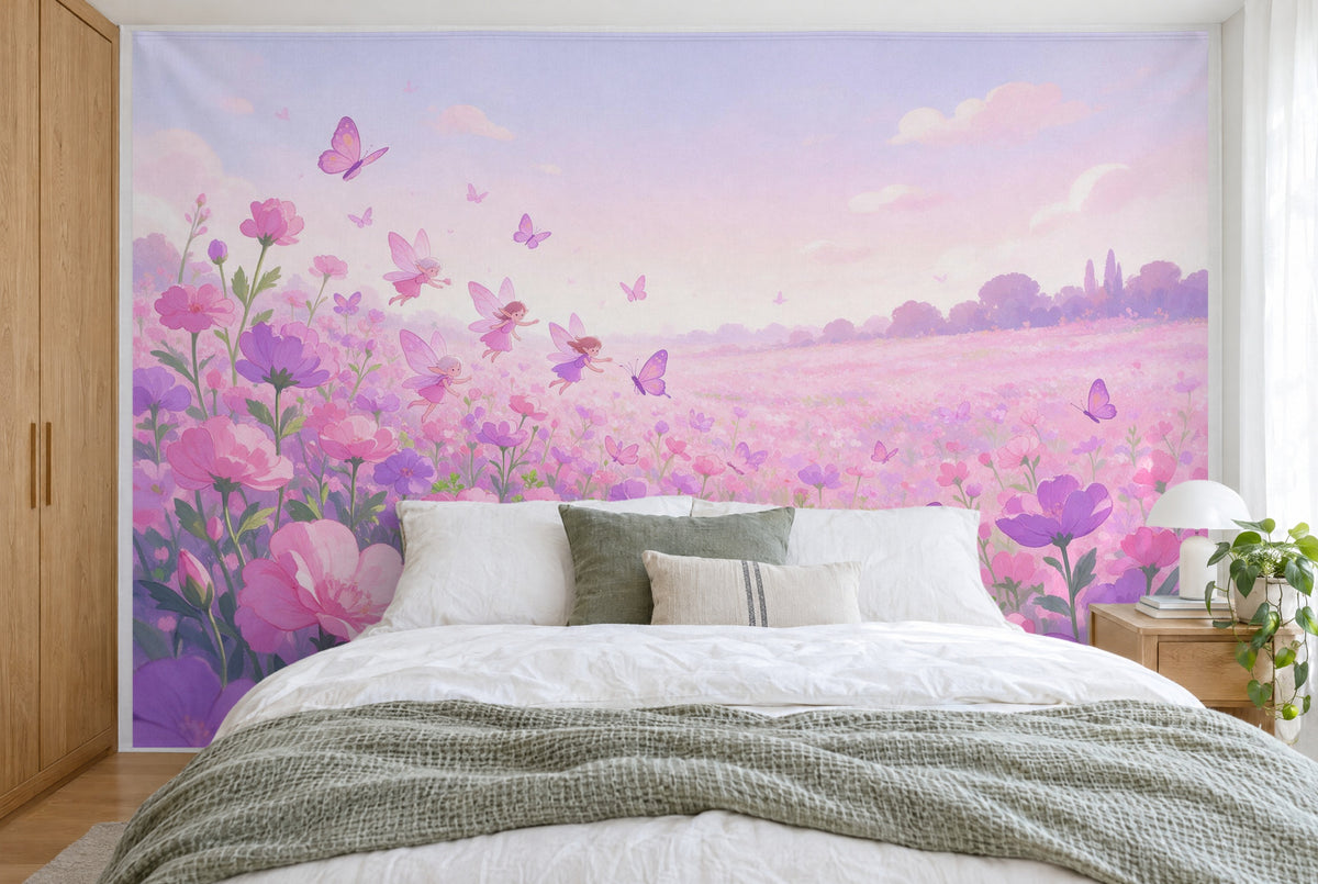 Bedruckter Stoff im XXL-Format: Feen und Schmetterlinge über der rosa Wiese, wandfüllend hinter dem Bett