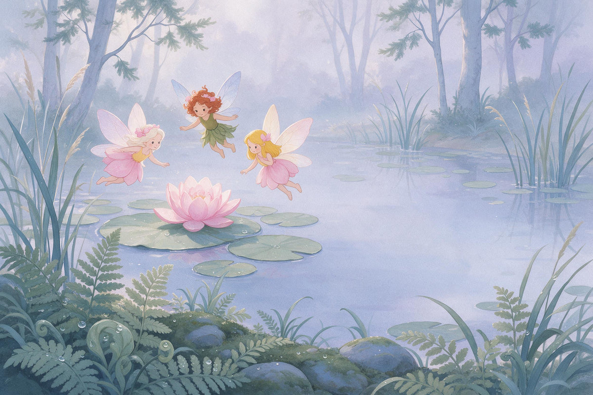 Feen um eine rosa Seerose am stillen Waldteich in Gouache, als Wandtuch, auf Stoff gedruckt – Rosa und Blau