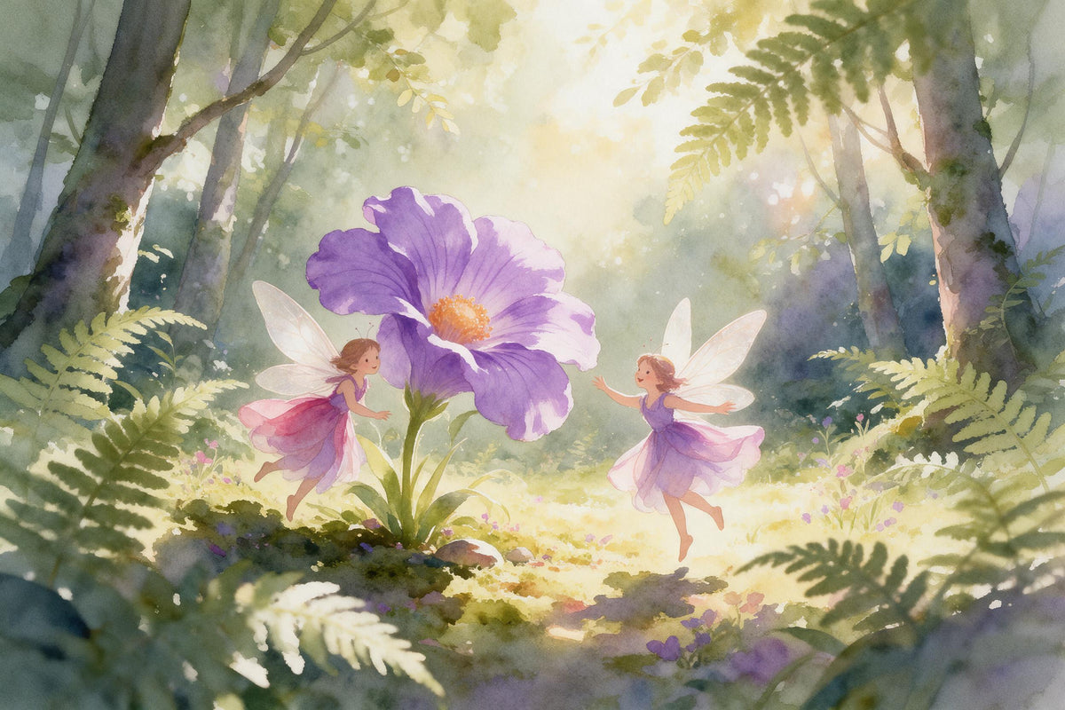 Zwei Feen tanzen um eine grosse violette Blüte links der Mitte im Zauberwald, als Wandtuch, auf Stoff gedruckt – Violett