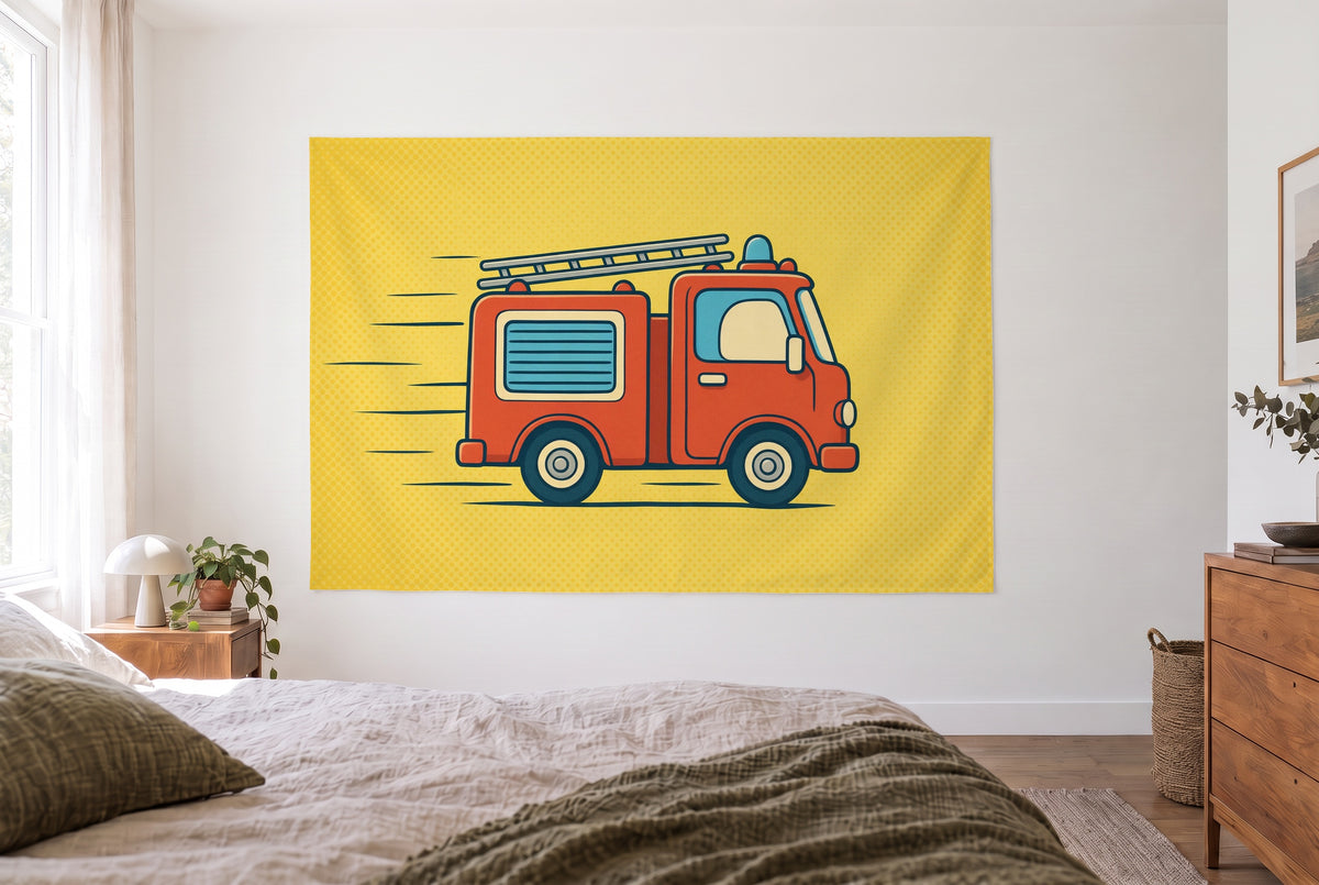 Red Fire Truck with Ladder tapestry in the bright bedroom opposite the bed, wooden dresser at right – red and yellow