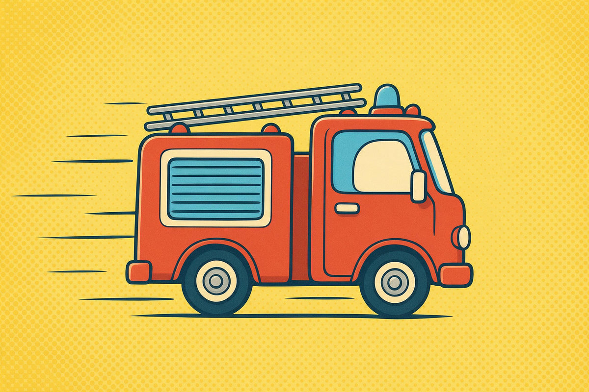 Red fire truck with ladder and blue light on a yellow pop art background, tapestry printed on fabric – red and yellow
