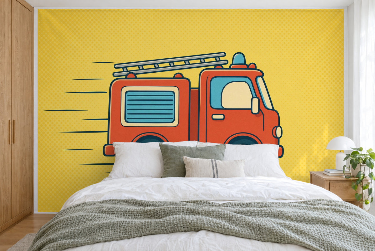 XXL printed fabric: red fire truck in the center with speed lines on yellow, filling the wall behind the bed
