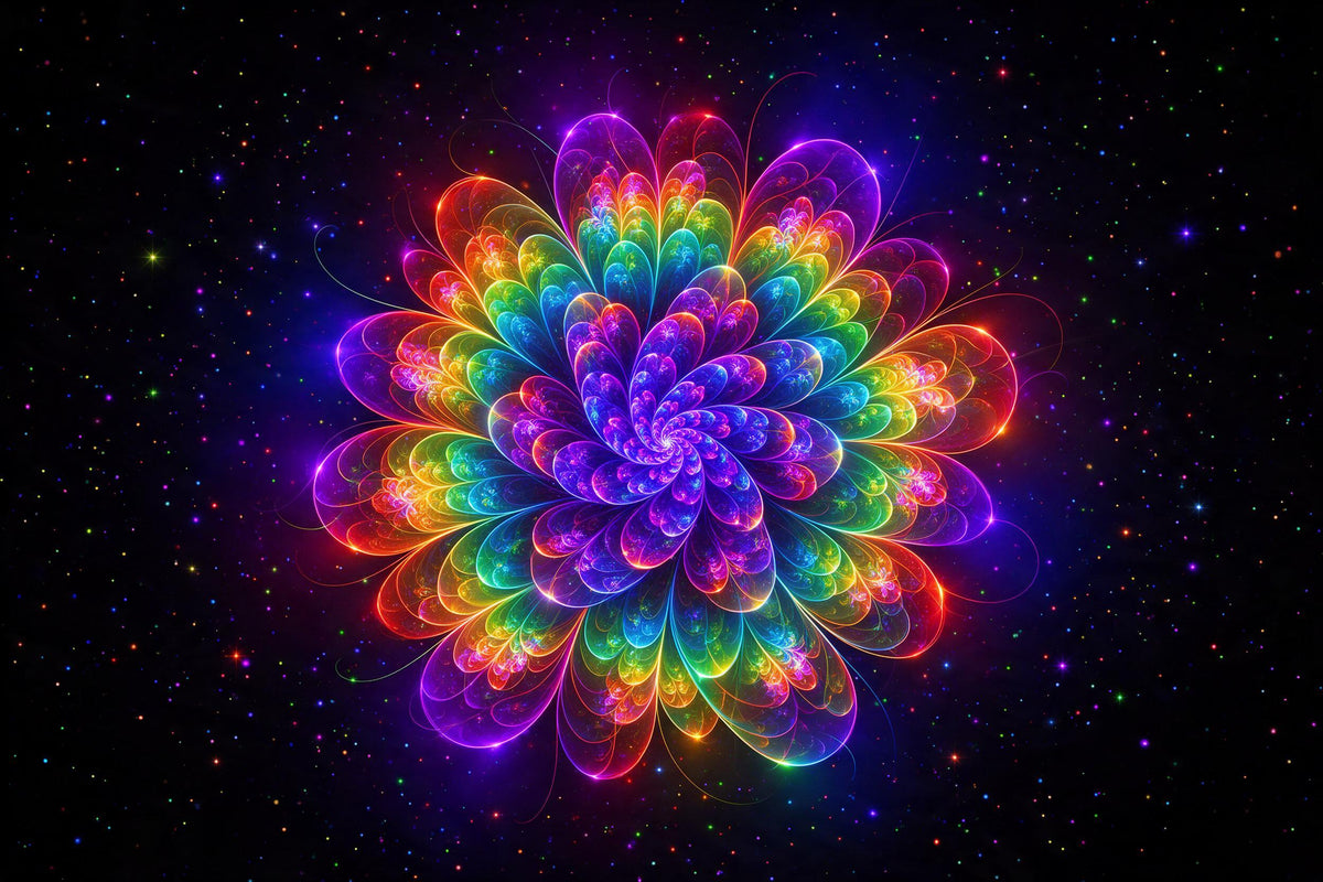 Flor fractal con pétalos de arcoíris entrelazados sobre negro estrellado, como tapiz impreso en tela – violeta y rojo