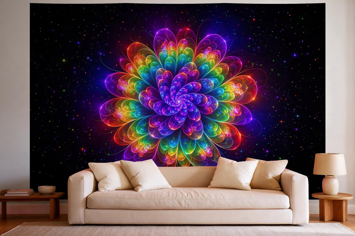 Decoración de pared en un salón luminoso sobre el sofá: tapiz de tela Flor fractal en colores del arcoíris
