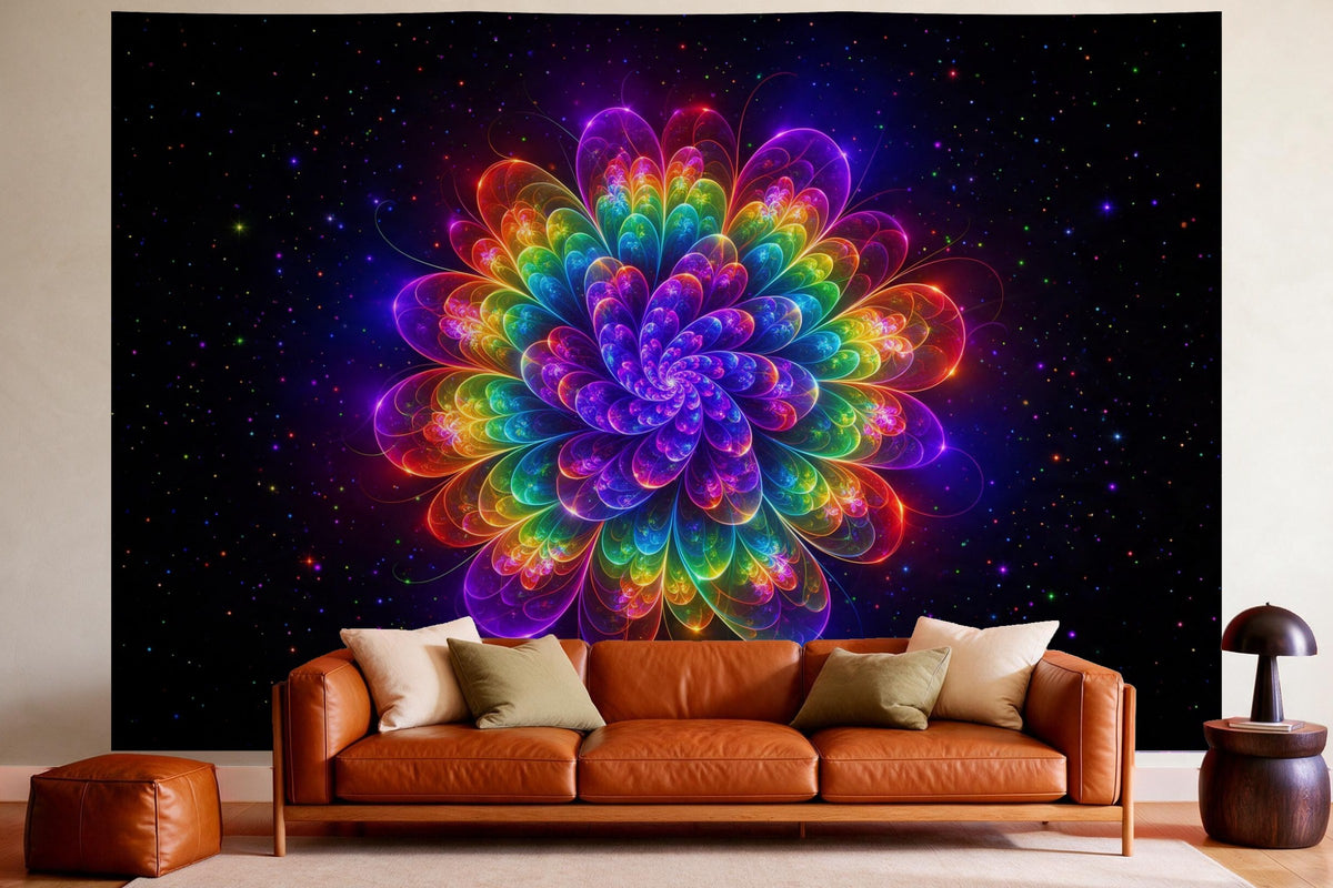 Tapiz de pared XXL Flor fractal en colores del arcoíris como decoración en un salón acogedor sobre el sofá de cuero
