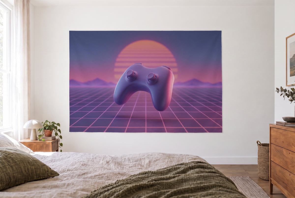 Gaming controller tapestry in synthwave look in a bright bedroom opposite the bed, wooden dresser at right – violet