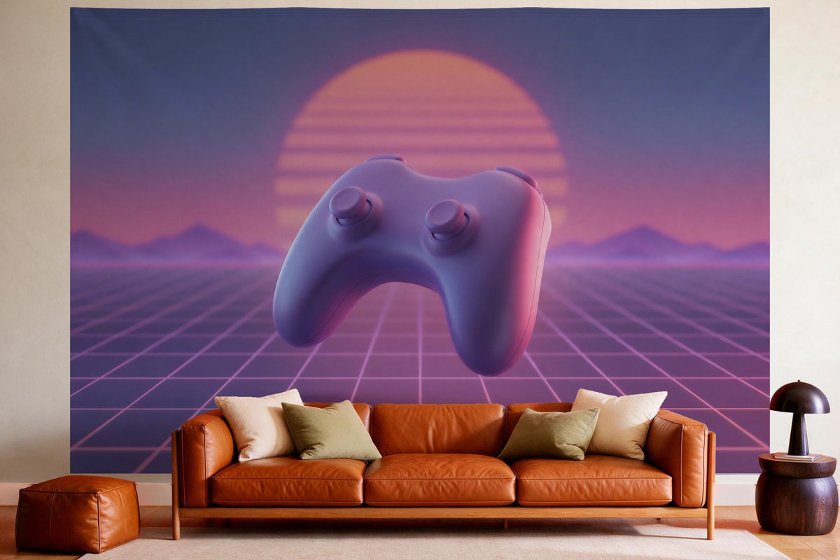 Déco murale dans un salon chaleureux au-dessus du canapé en cuir : tenture murale Manette de jeu au look synthwave, imprimée sur tissu
