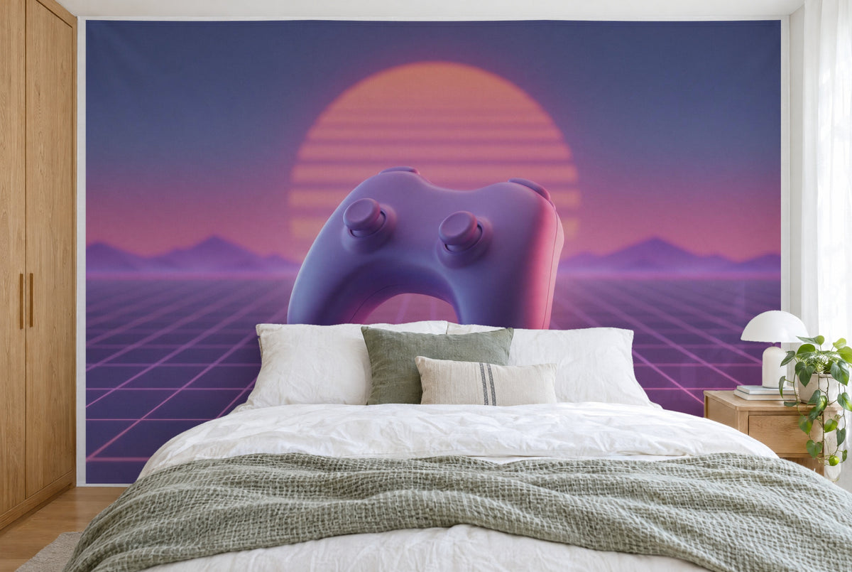 XXL printed fabric: game controller in the centre before a striped sun above a grid floor, filling the wall behind the bed