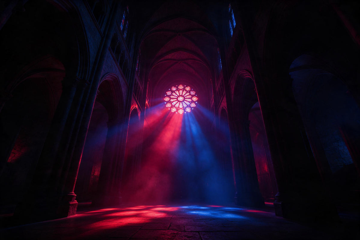 Cathédrale gothique avec une rosace lumineuse et des rayons colorés, tenture murale imprimée sur tissu – rouge et bleu