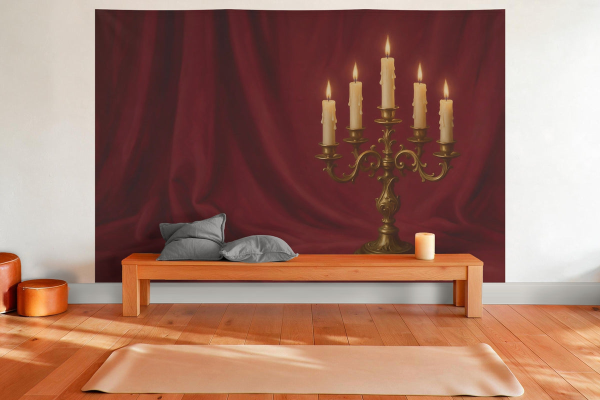 Wall decor in a yoga room: printed fabric tapestry Candelabra with Dripping Candles