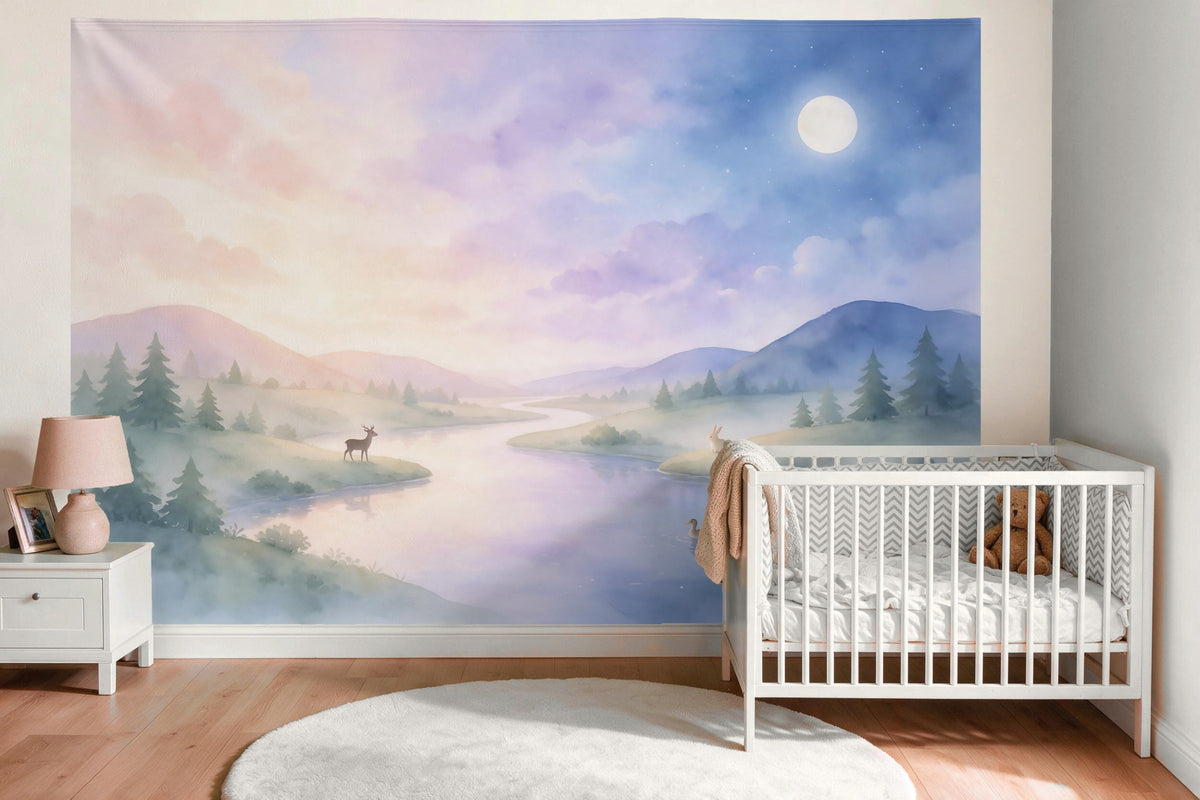 Tapiz de pared XXL Paisaje de cuento entre el día y la noche como decoración en la habitación del bebé sobre la cuna