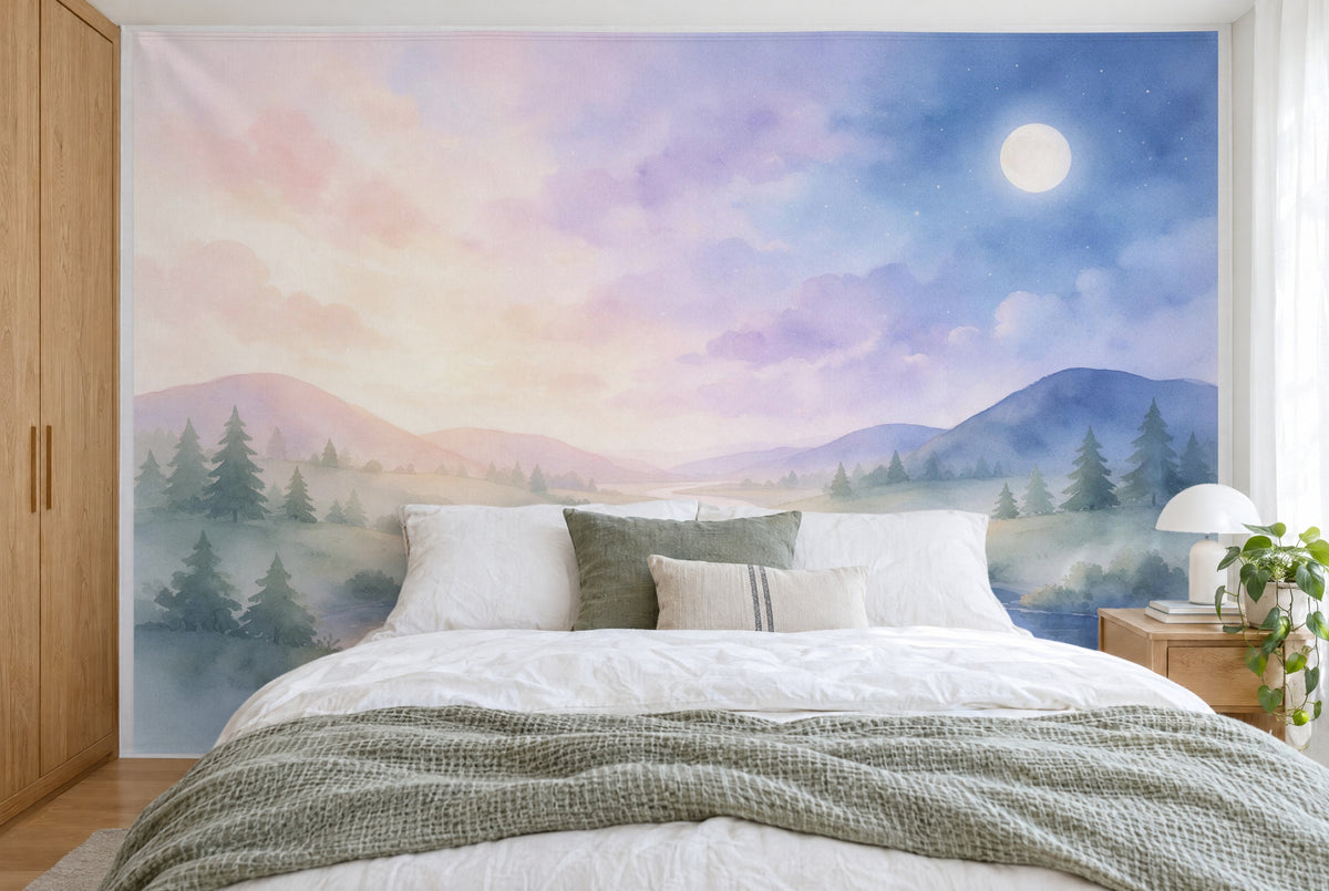 Tapiz de pared grande Paisaje de cuento entre el día y la noche en el dormitorio, cubriendo la pared detrás de la cama – tela impresa
