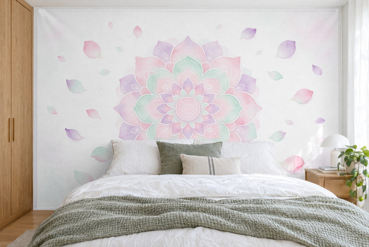 Grosses Wandtuch Mandala in Pastell-Aquarell im Schlafzimmer wandfüllend hinter dem Bett – Wandbehang aus Stoff
