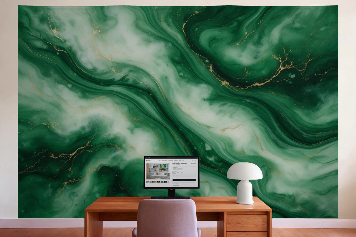Wall decor in a home office behind the desk: printed fabric tapestry Emerald Marble in Flowing Waves