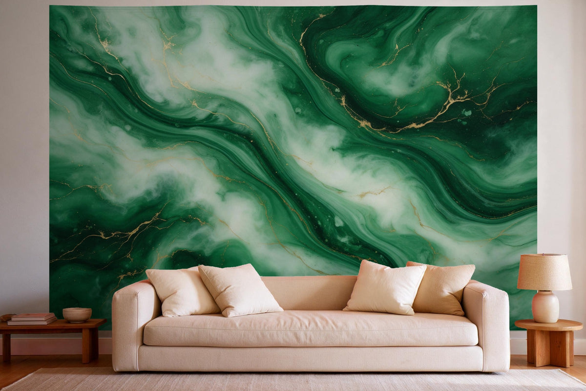 XXL wall tapestry Emerald Marble in Flowing Waves as wall decor in a bright living room above the sofa