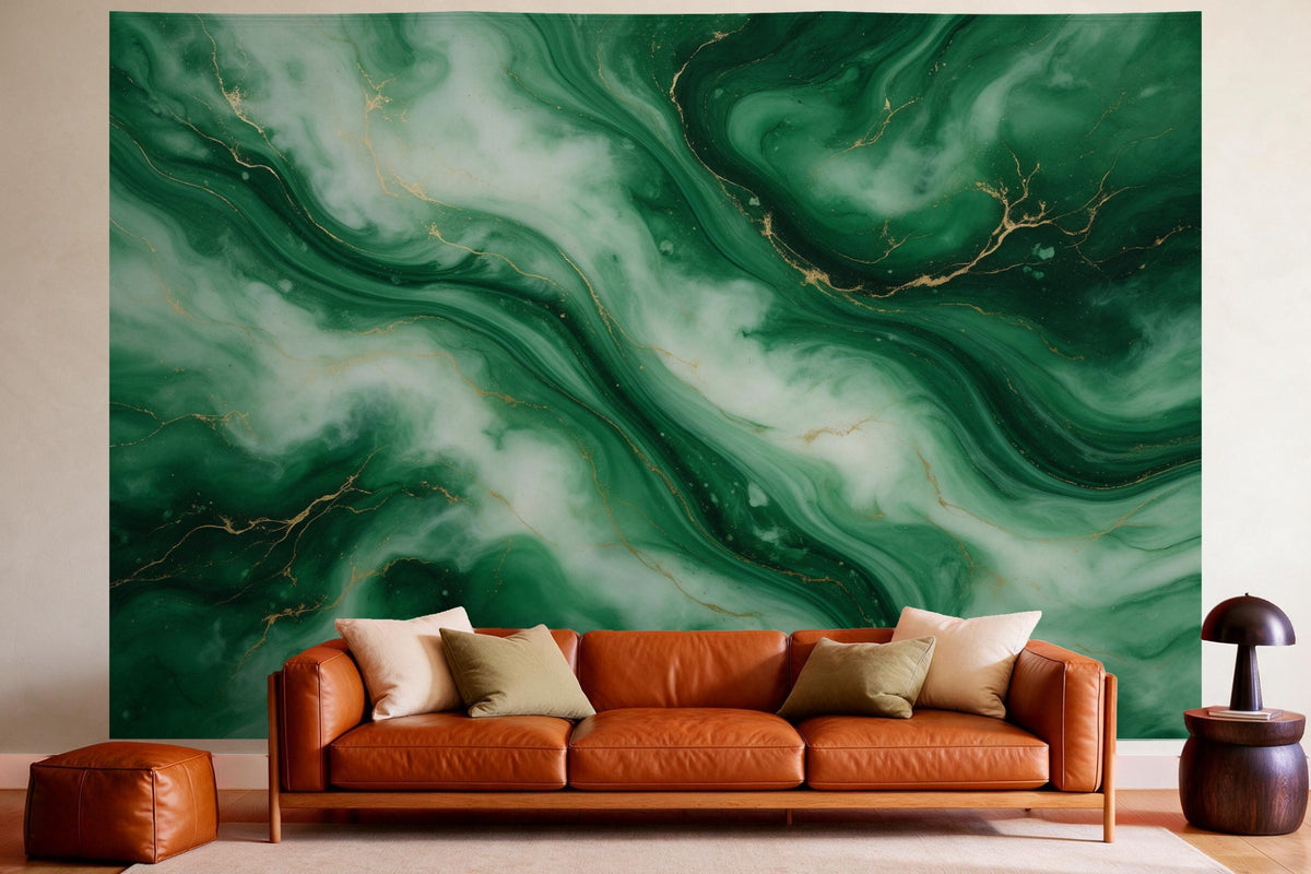 Wall decor in a cosy living room above the leather sofa: printed fabric tapestry Emerald Marble in Flowing Waves