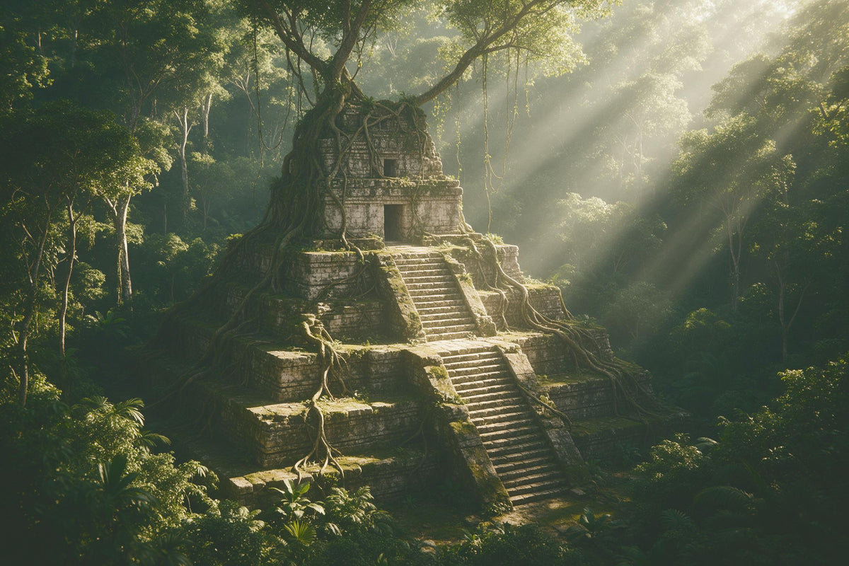 Überwucherter Maya-Tempel mit Lichtstrahlen im Dschungel, als Wandtuch, auf Stoff gedruckt – Grün und Grau
