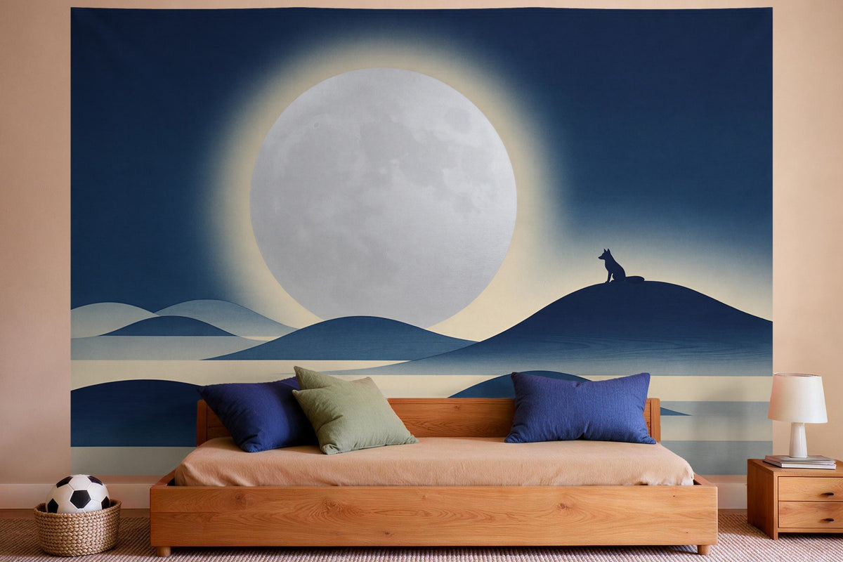 Decoración de pared en un dormitorio de niño: tapiz de tela Noche de luna estilo grabado en madera