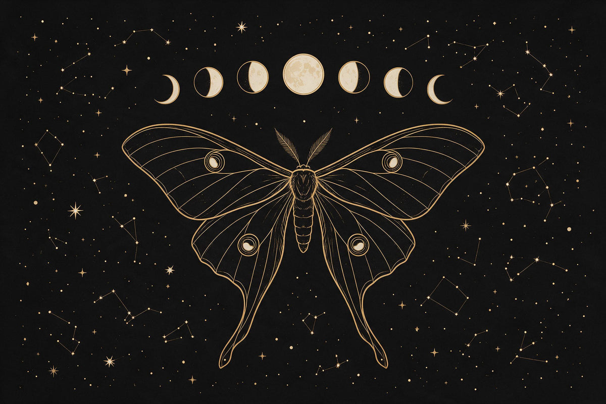 Sept phases de lune en ligne au-dessus d'une phalène dorée sur noir étoilé, tenture murale imprimée sur tissu – or