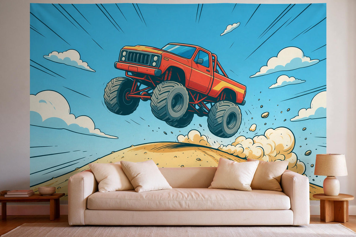 Decoración de pared en un salón luminoso sobre el sofá: tapiz de tela Monster truck en estilo cómic