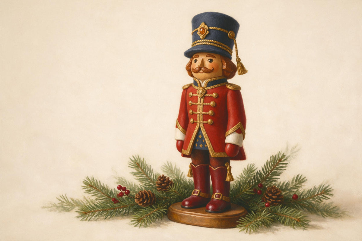 Nussknacker aus Holz in roter Uniform rechts der Mitte bei Tannenzweigen, als Wandtuch, auf Stoff gedruckt – Rot und Gold