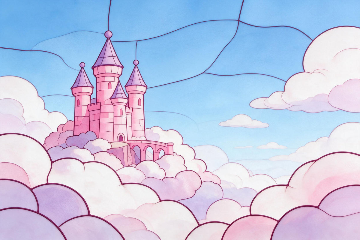 Pinkes Märchenschloss mit runden Türmen links auf weichen Wolken am Himmel, als Wandtuch, auf Stoff gedruckt – Rosa und Blau