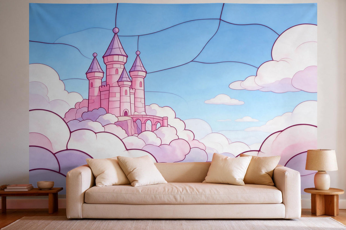 Wanddeko im hellen Wohnzimmer über dem Sofa: Wandtuch Pinkes Wolkenschloss als Glasmalerei, auf Stoff gedruckt