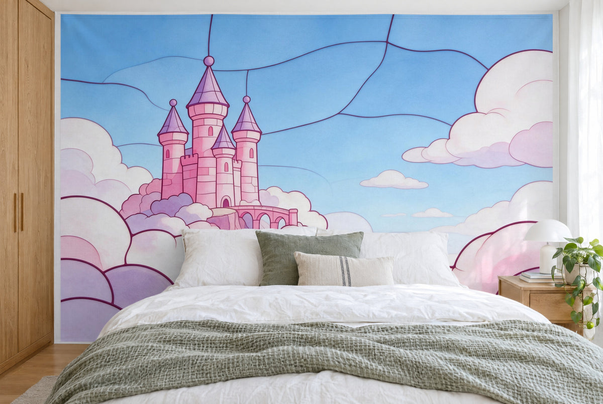 Bedruckter Stoff im XXL-Format: pinkes Wolkenschloss links auf Wolken, rechts heller Himmel, wandfüllend hinter dem Bett