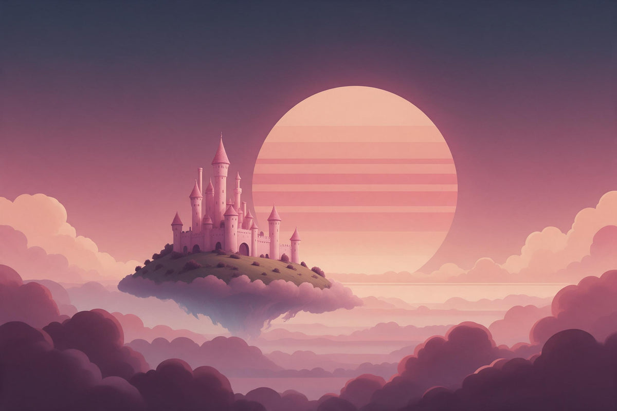 Pinkes Schloss auf Wolkeninsel vor gestreifter Retro-Sonne, als Wandtuch, auf Stoff gedruckt – Rosa und Violett